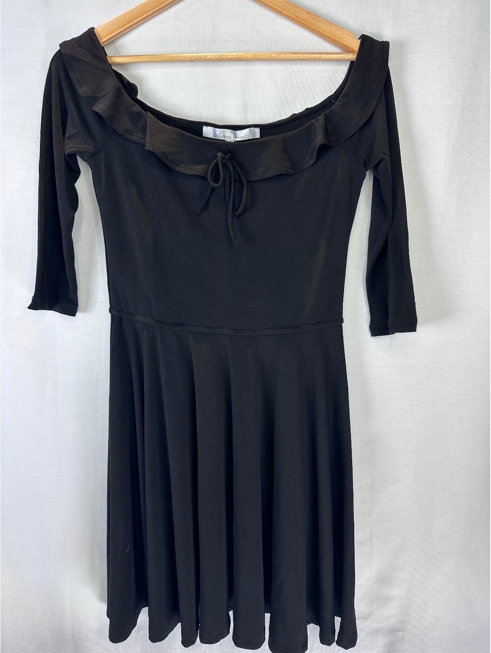 Lovers + Friends Size M Black Ruffle Neck Fit & Flare Mini Dress 3/4 Sleeve